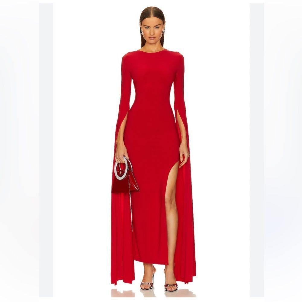 Norma Kamali Open Back Ribbon Sleeve Wide Slit Gown NWT